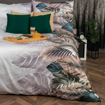 Komplet pościeli TROPIKALNA OAZA 160x200 cm z tropikalnym wzorem.