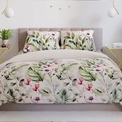 Komplet pościeli PARADIS 220x200 cm z tropikalnym wzorem liści i kwiatów. Komplet pościeli PARADIS 220x200 cm z tropikalnym wzorem liści i kwiatów.