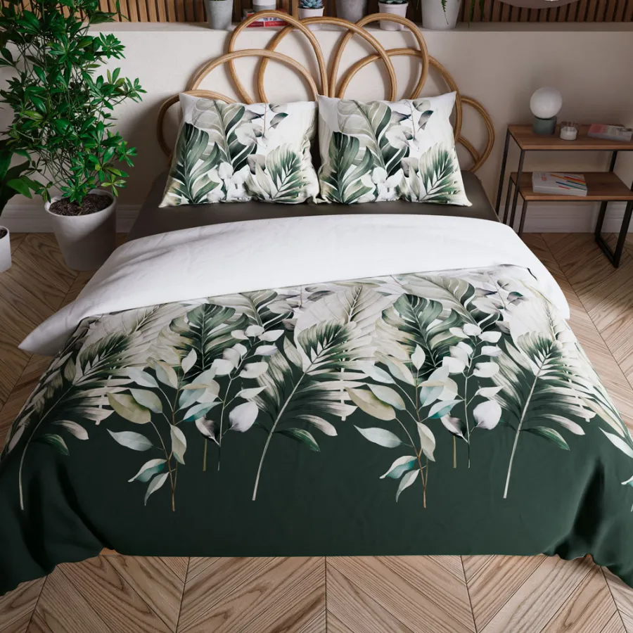 Sypialnia w stylu urban jungle z pościelą LEAFY – świeżość i elegancja.