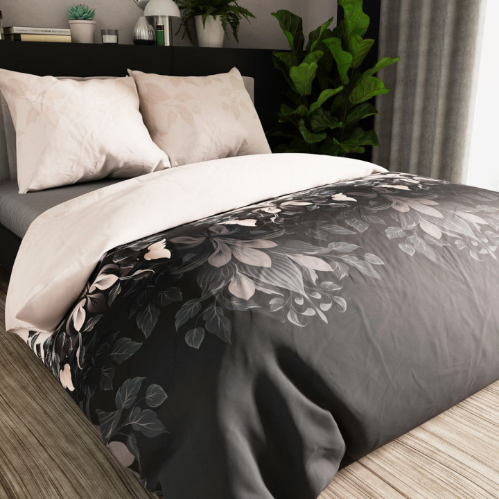 Komplet pościeli KELLY 220x200 cm w eleganckim, ciemnym wzorze na łóżku.