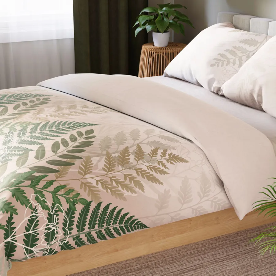 Beżowa pościel FERNA z subtelnym połyskiem bawełny satynowej.