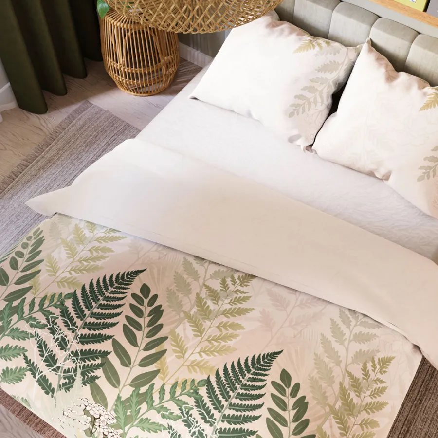 Elegancka sypialnia z pościelą FERNA w stylu boho.