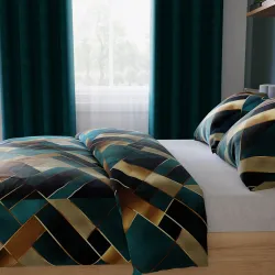 RUBIK Pościel Satynowa - Geometryczne Bryły w Odcieniach Turkusowego i Złota - 220x200cm