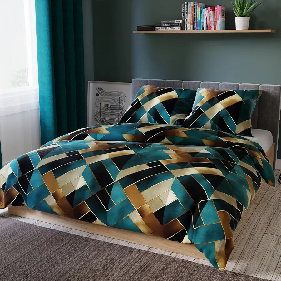 RUBIK Pościel Satynowa - Geometryczne Bryły w Odcieniach Turkusowego i Złota - 220x200cm