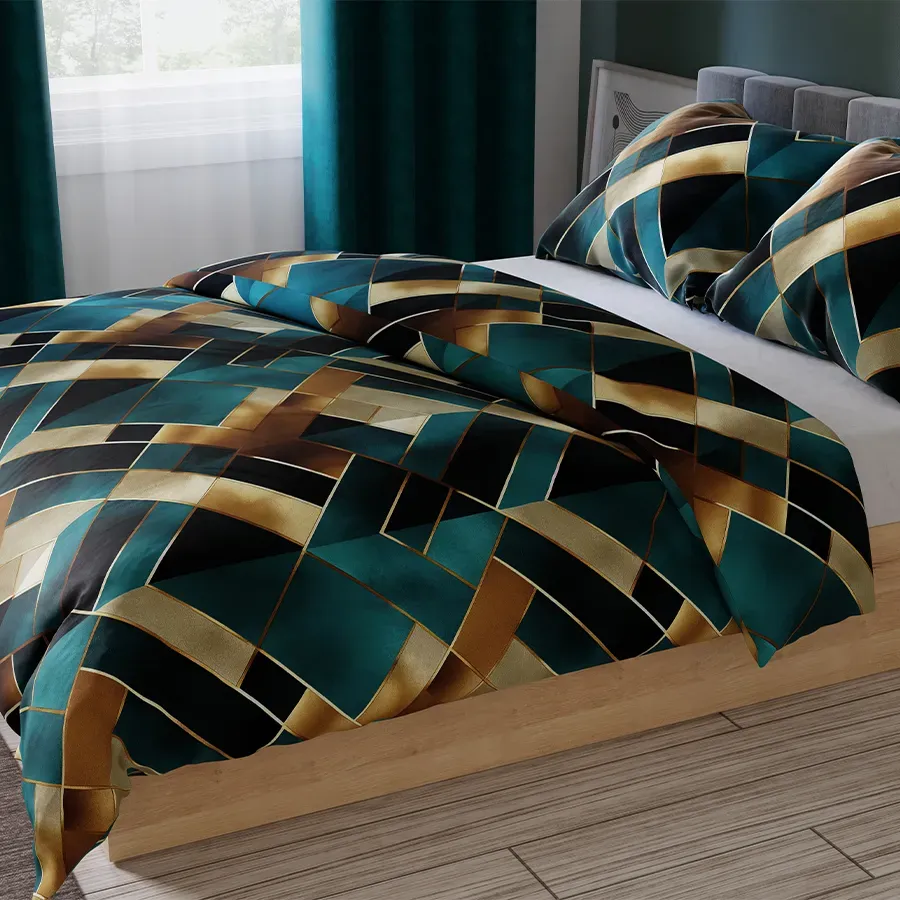 RUBIK Pościel Satynowa - Geometryczne Bryły w Odcieniach Turkusowego i Złota - 220x200cm