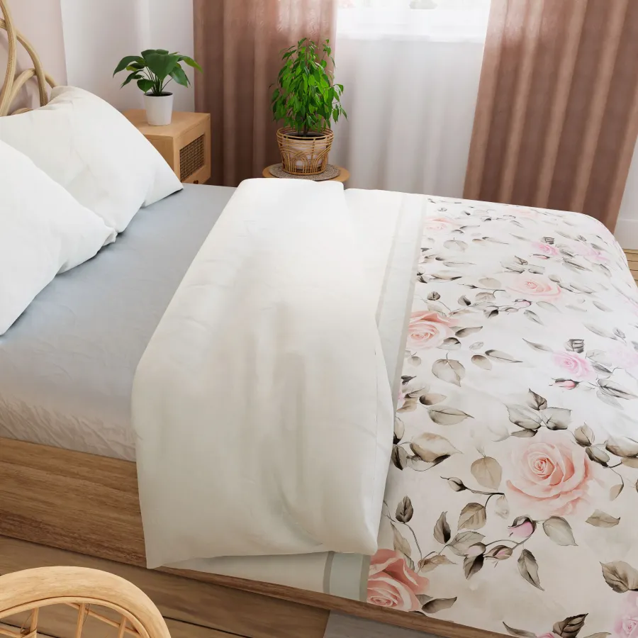 ROSALINA Pościel z bawełny satynowej - kwiaty róży, ecru, różowy - 220x200cm