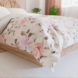 ROSALINA Pościel z bawełny satynowej - kwiaty róży, ecru, różowy - 220x200cm