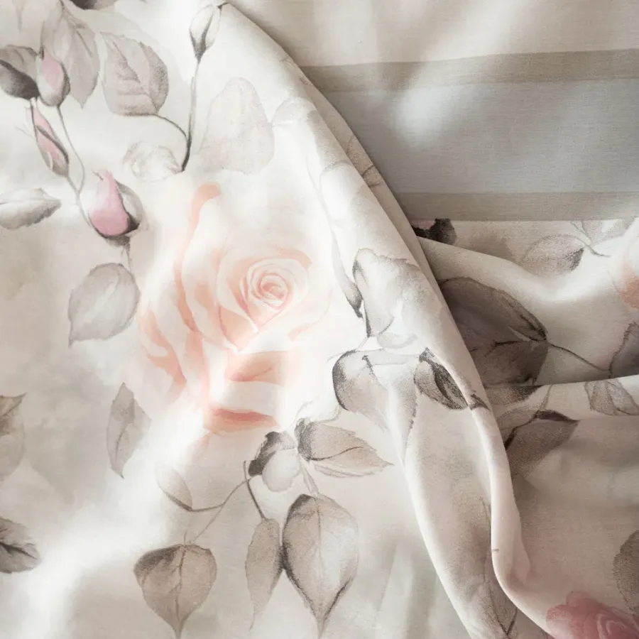 ROSALINA Pościel z satyny bawełnianej - różane marzenie, ecru, różowy - 160x200cm