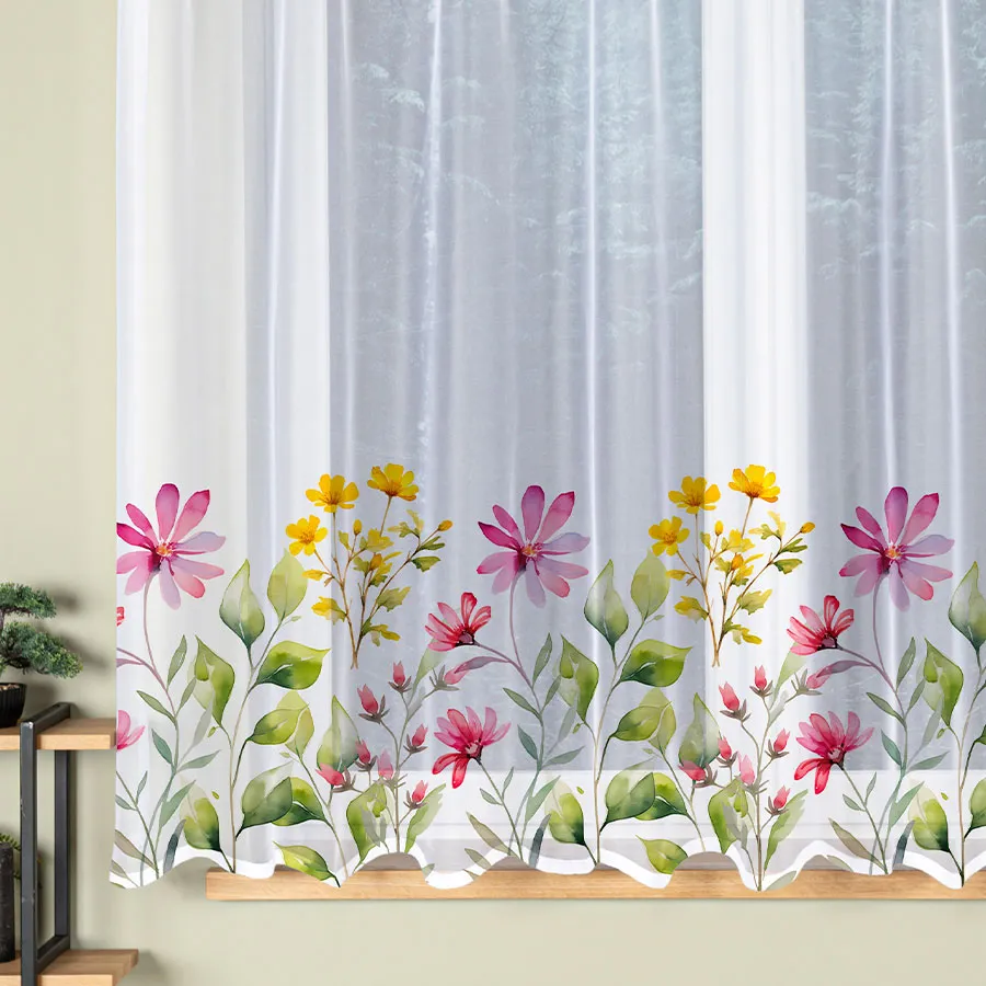 KWIATOWA ŁĄKA Firanka żakardowa gotowa na prosto, szerokość 160 x wysokość 170cm, kolor 001 biały P00308