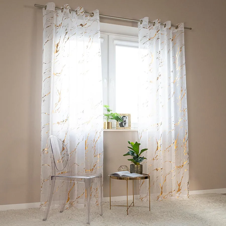 MARMA Firana gotowa na przelotkach z ołowianką, szerokość 140cm x wysokość 250cm, kolor 004 biały ze złotym zdobieniem 1