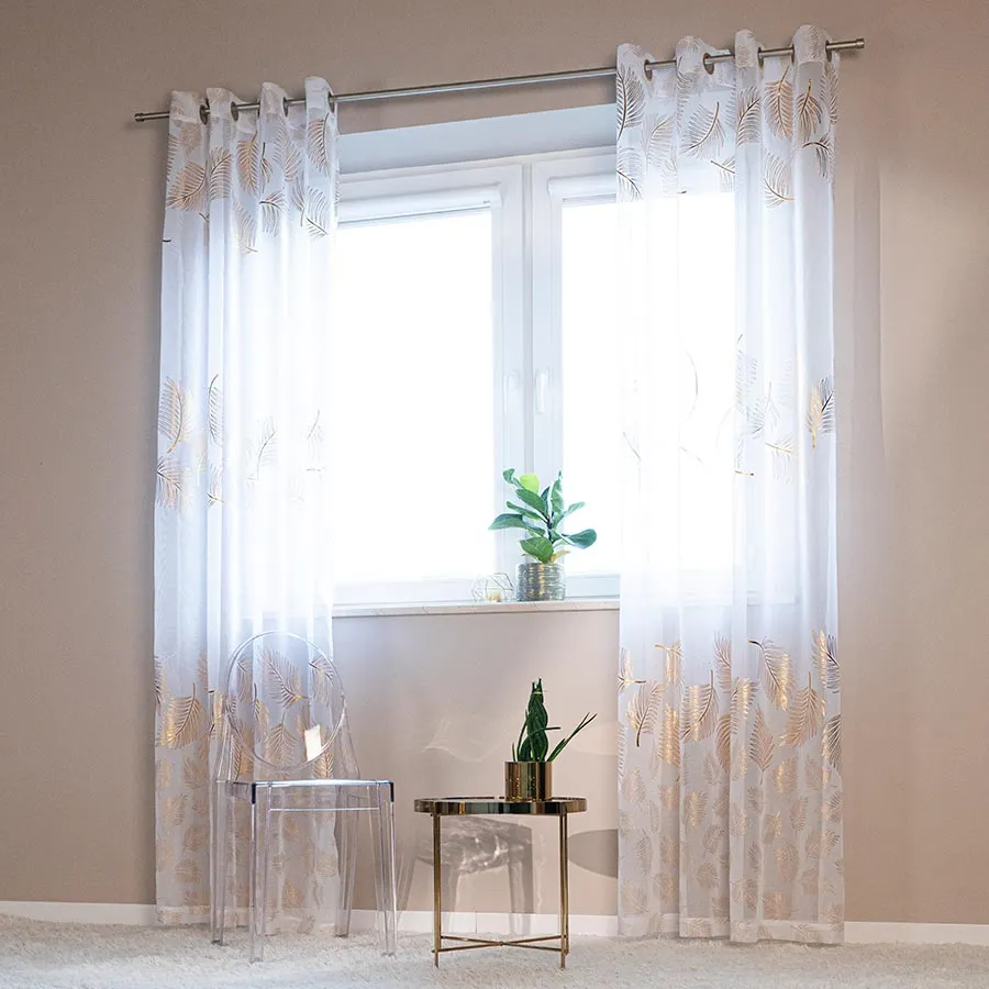 MARIETTA Firana gotowa na przelotkach z ołowianką, szerokość 140cm x wysokość 250cm, kolor 004 biały ze złotym zdobienie