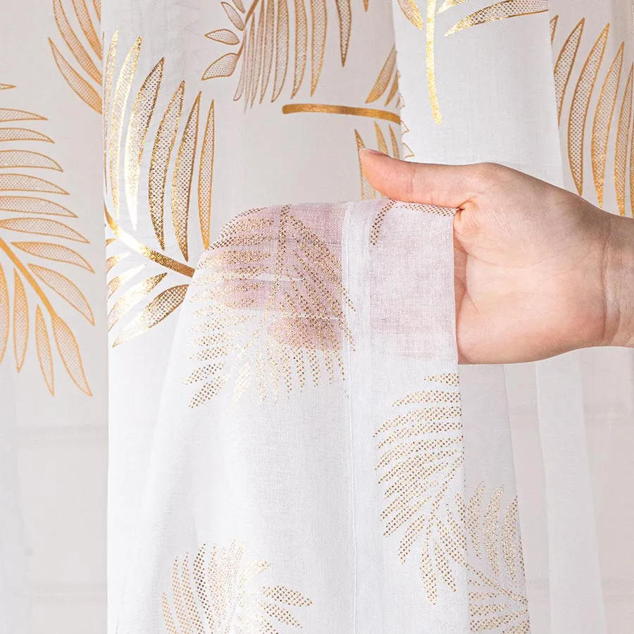 MARIETTA Firana gotowa na przelotkach z ołowianką, szerokość 140cm x wysokość 250cm, kolor 004 biały ze złotym zdobienie