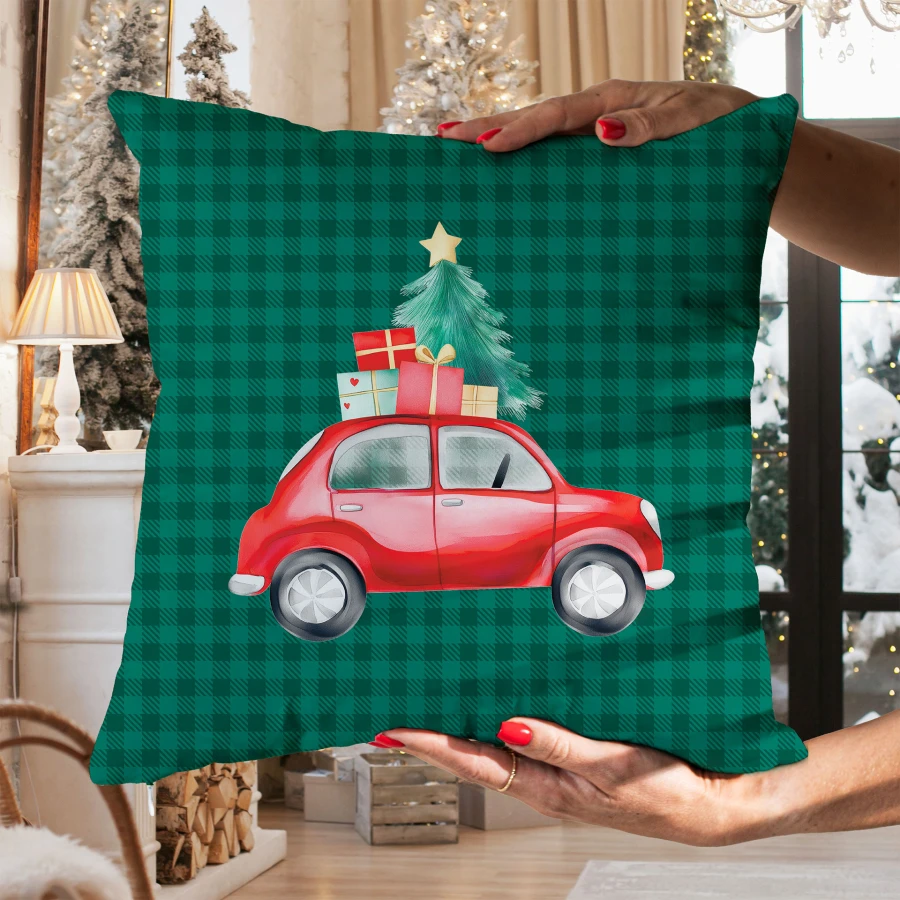 KRATA Z SAMOCHODEM, BAJKOWE ŚWIĘTA Poszewka dekoracyjna VELVET, 40x40cm, kolor 002 zielony PBN354