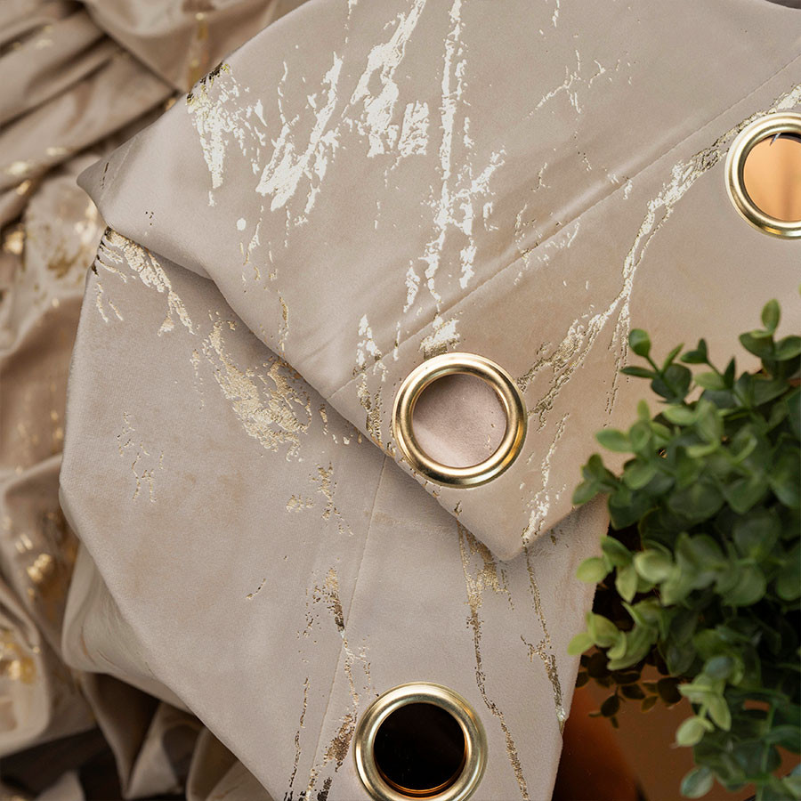 MARMA Zasłona gotowa na przelotkach, szerokość 140cm x wysokość 250cm, kolor 001 ciemny beżowy ze złotym nadrukiem na VEL