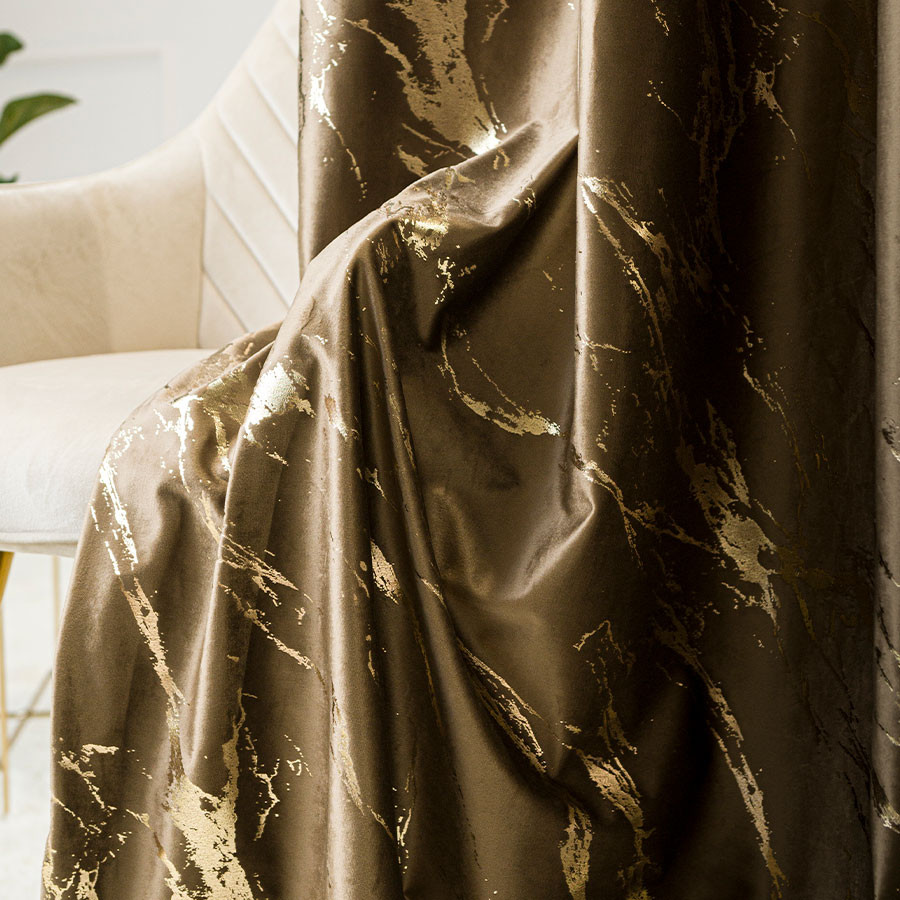 MARMA Zasłona gotowa na przelotkach, szerokość 140cm x wysokość 250cm, kolor 002 brązowy ze złotym nadrukiem na VELVI TD0