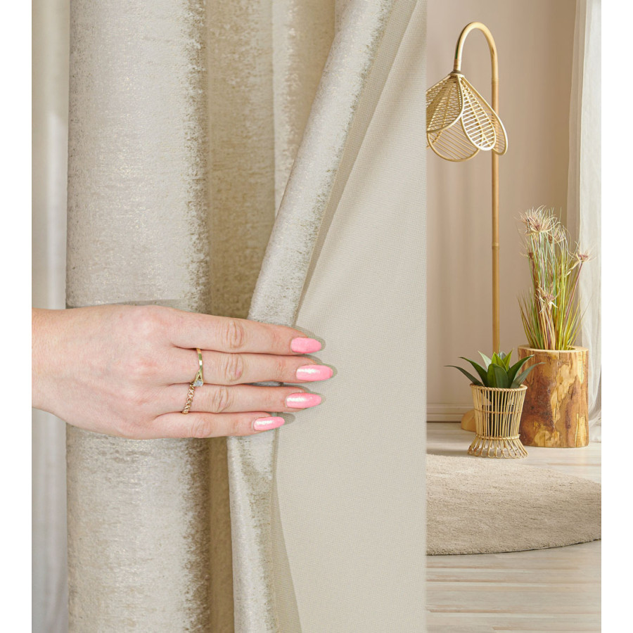 ELEONORA Zasłona gotowa na przelotkach, szerokość 140cm x wysokość 250cm, kolor 001 ciemny beżowy ze złotym nadrukiem na