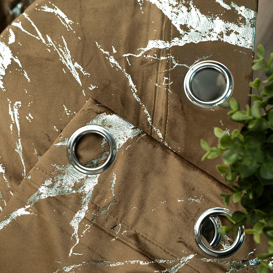 MARMA Zasłona gotowa na przelotkach, szerokość 140cm x wysokość 250cm, kolor 002 brązowy ze srebrnym nadrukiem na VELVI TD