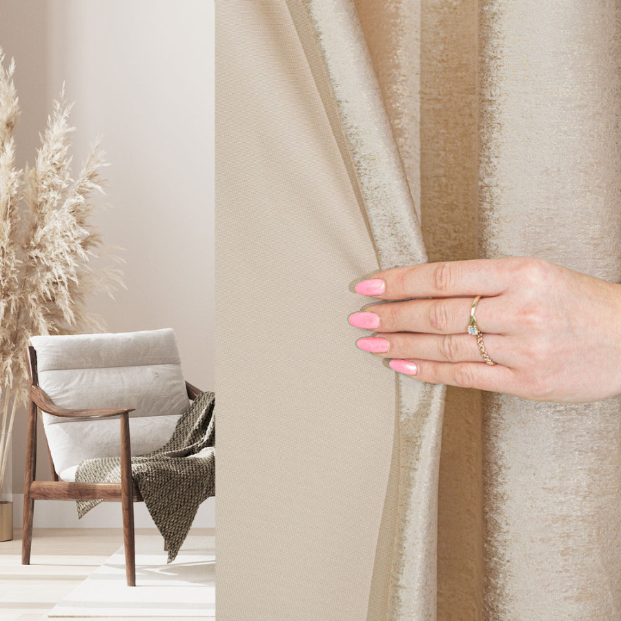 ELEONORA Zasłona gotowa na przelotkach, szerokość 140cm x wysokość 250cm, kolor 003 jasny beżowy ze złotym nadrukiem na V