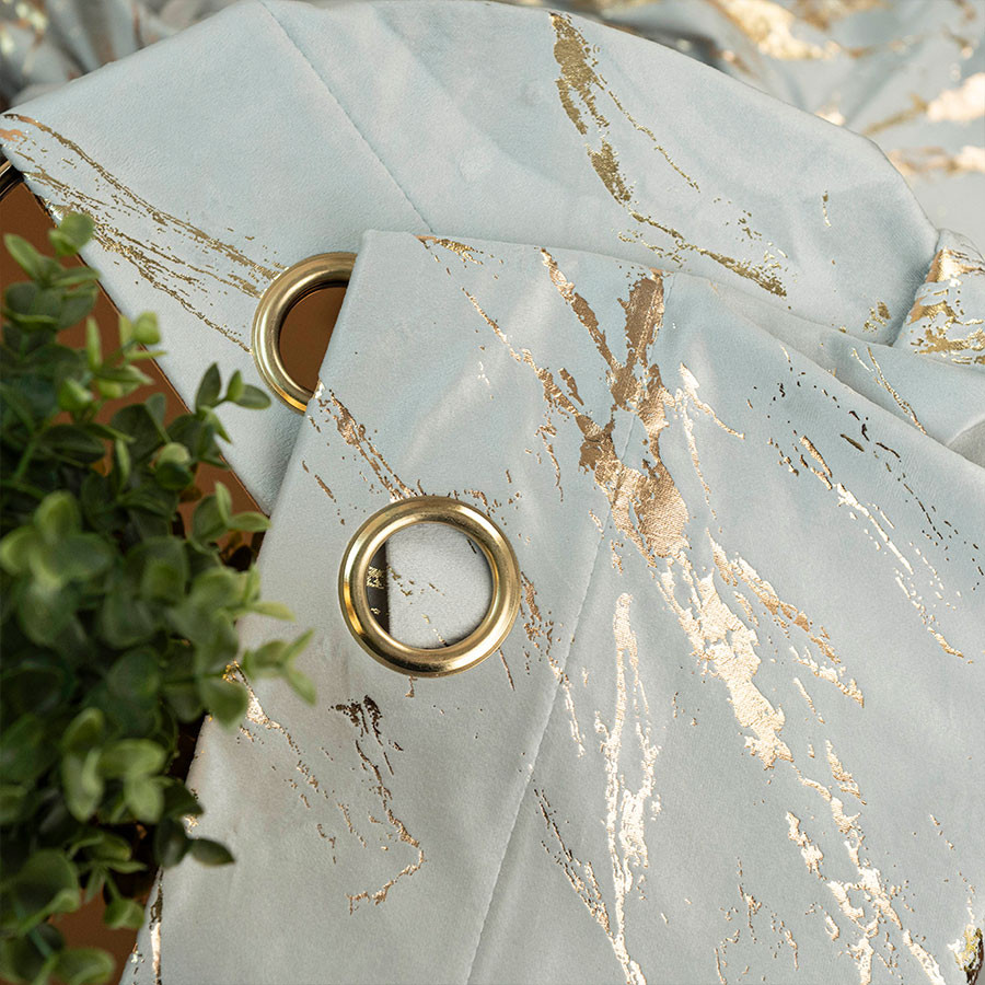 MARMA Zasłona gotowa na przelotkach, szerokość 140cm x wysokość 250cm, kolor 021 pastelowy szary ze złotym nadrukiem na VE