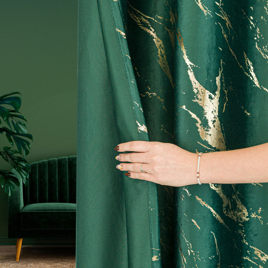 MARMA Zasłona gotowa na przelotkach, szerokość 140cm x wysokość 250cm, kolor 010 ciemny zielony butelkowy ze złotym nadruk