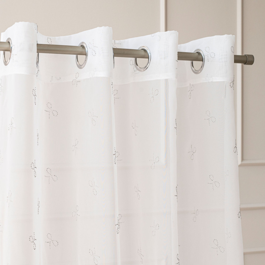 RIBBON Firana gotowa na woalu w diamentowe kokardki, na srebrnych przelotkach, z ołowianką, szerokość 140 x wysokość 250cm