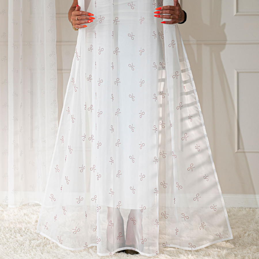 RIBBON Firana gotowa na woalu w diamentowe kokardki, na srebrnych przelotkach, z ołowianką, szerokość 140 x wysokość 250cm