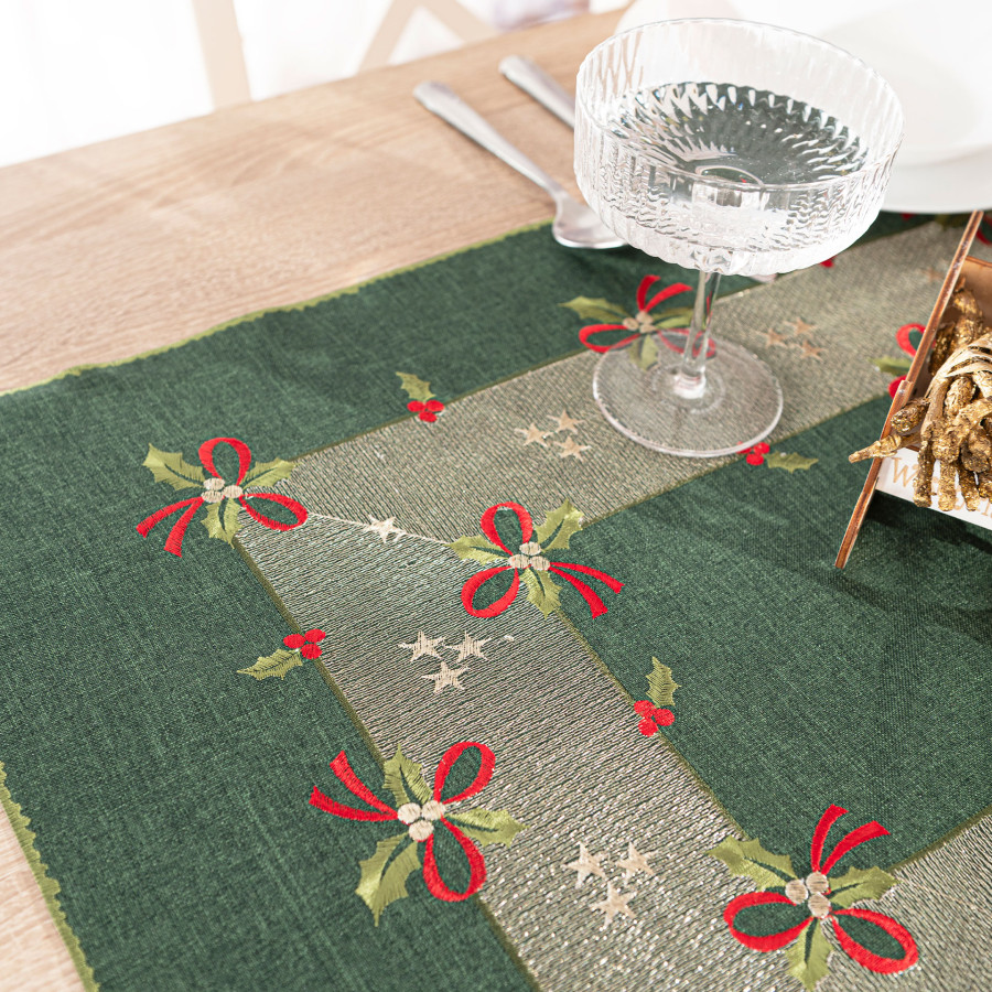 ŚWIĄTECZNE KOKARDKI Bieżnik z haftem, szerokość 40cm x wysokość 140cm, kolor 002 zielony 295161