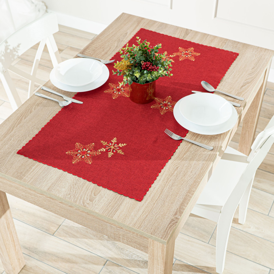 BŁYSZCZĄCE ŚNIEŻYNKI Bieżnik z haftem, szerokość 50cm x wysokość 100cm, kolor 003 czerwony 640010