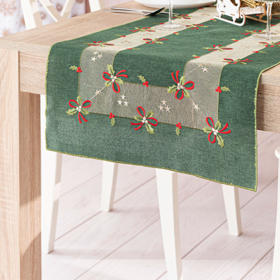 ŚWIĄTECZNE KOKARDKI Bieżnik z haftem, szerokość 50cm x wysokość 100cm, kolor 002 zielony 295161