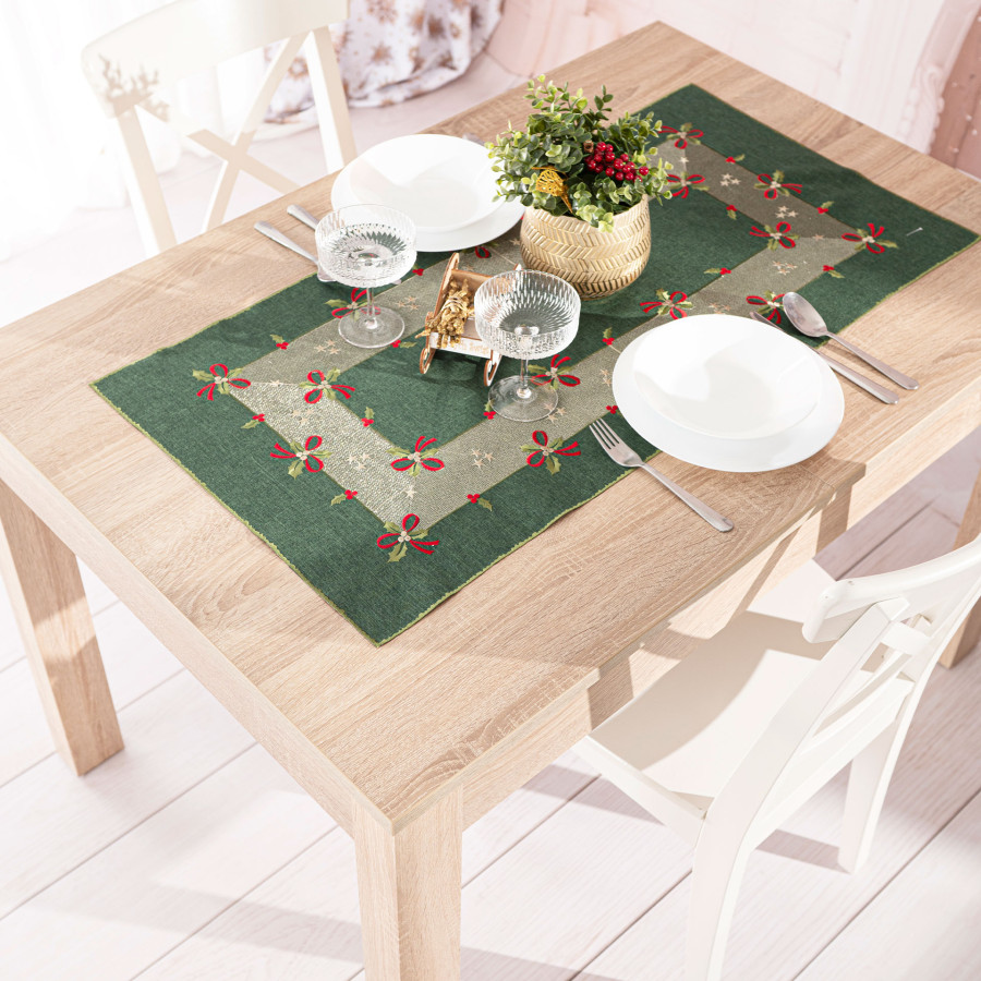 ŚWIĄTECZNE KOKARDKI Bieżnik z haftem, szerokość 50cm x wysokość 100cm, kolor 002 zielony 295161