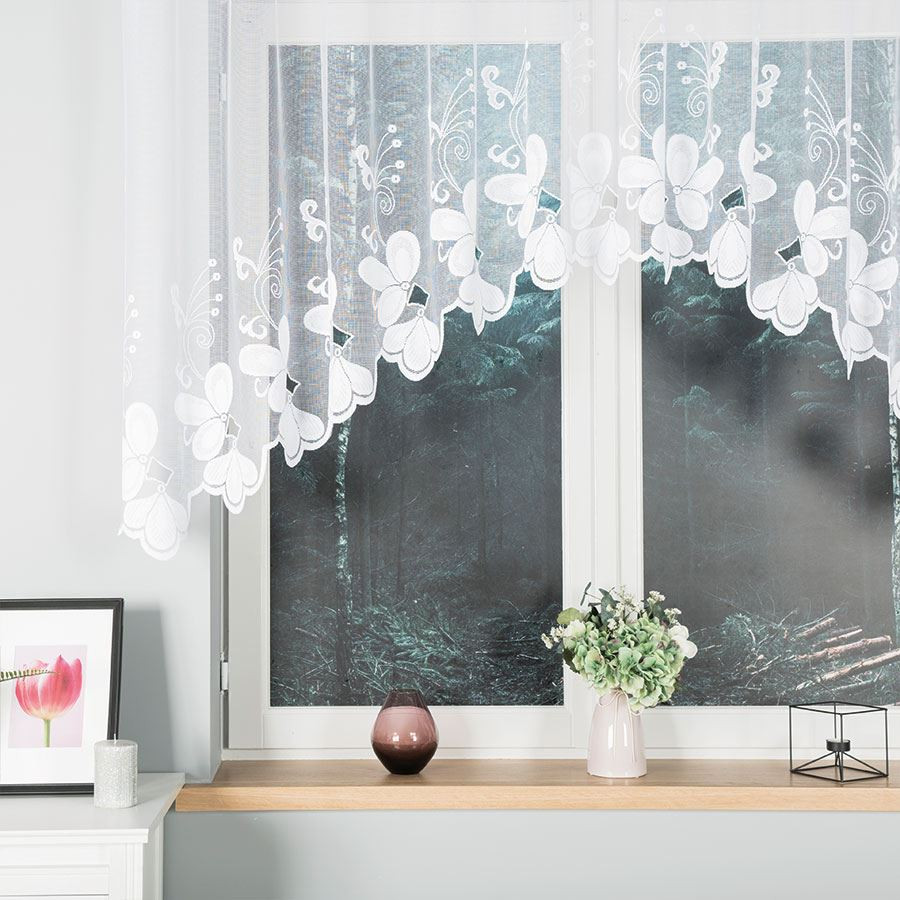 TEODORA · firanka gotowa z podcięciem · biała · motyw kwiatów · 300x120