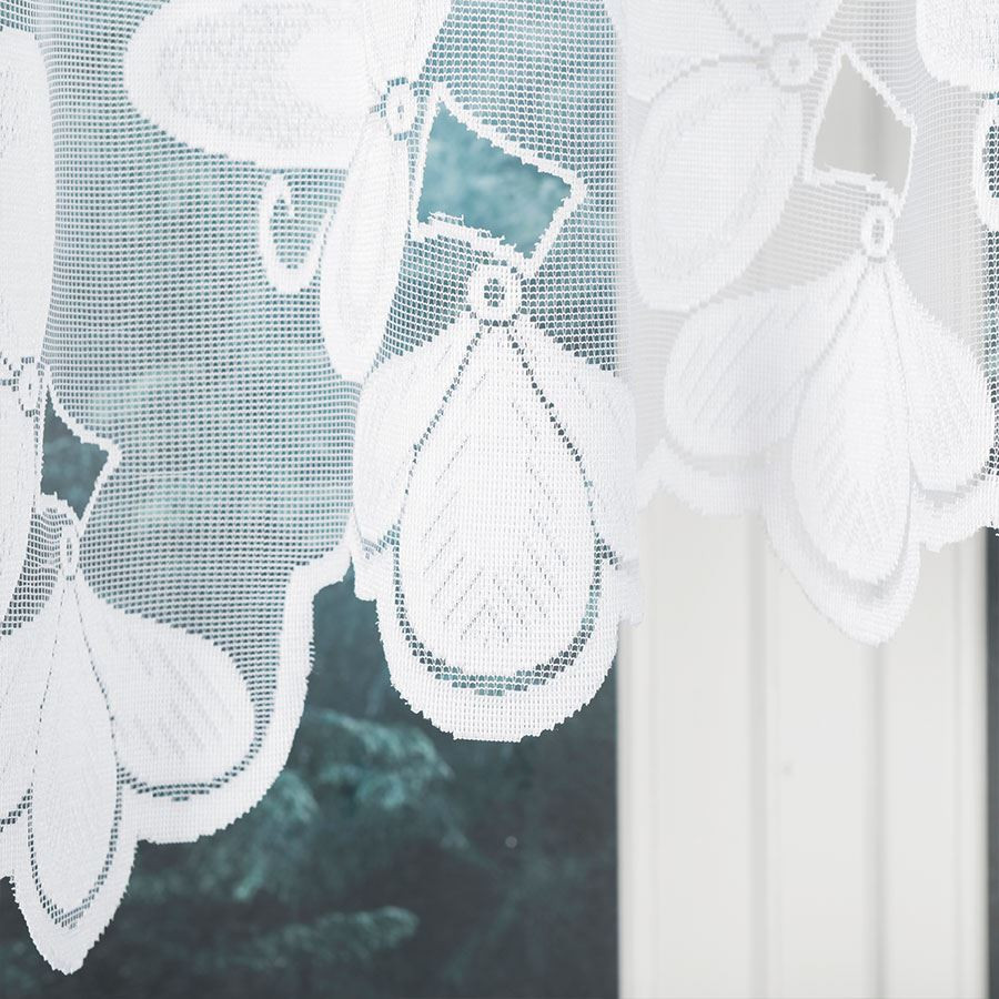 TEODORA · firanka gotowa z podcięciem · biała · motyw kwiatów · 300x120