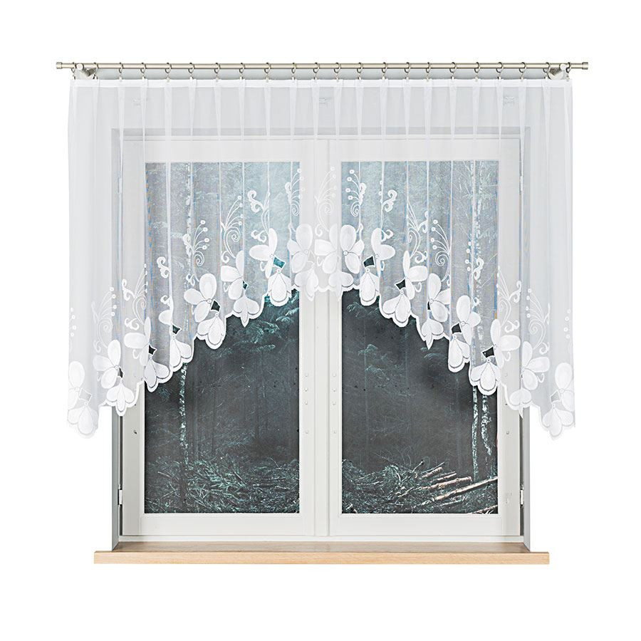 TEODORA · firanka gotowa z podcięciem · biała · motyw kwiatów · 300x120