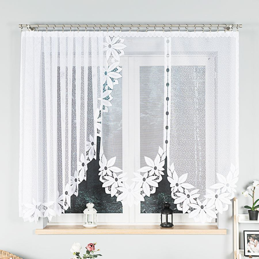 JADWIGA · Firanka gotowa · biała · kwiaty i pasy · 300x160