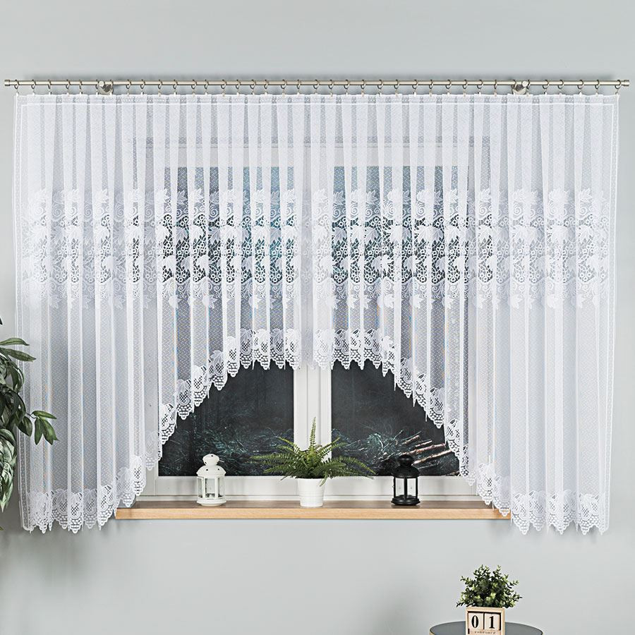 ELŻBIETA - Firanka gotowa żakardowa z podcięciem na dole - 600x160 cm - kolor biały