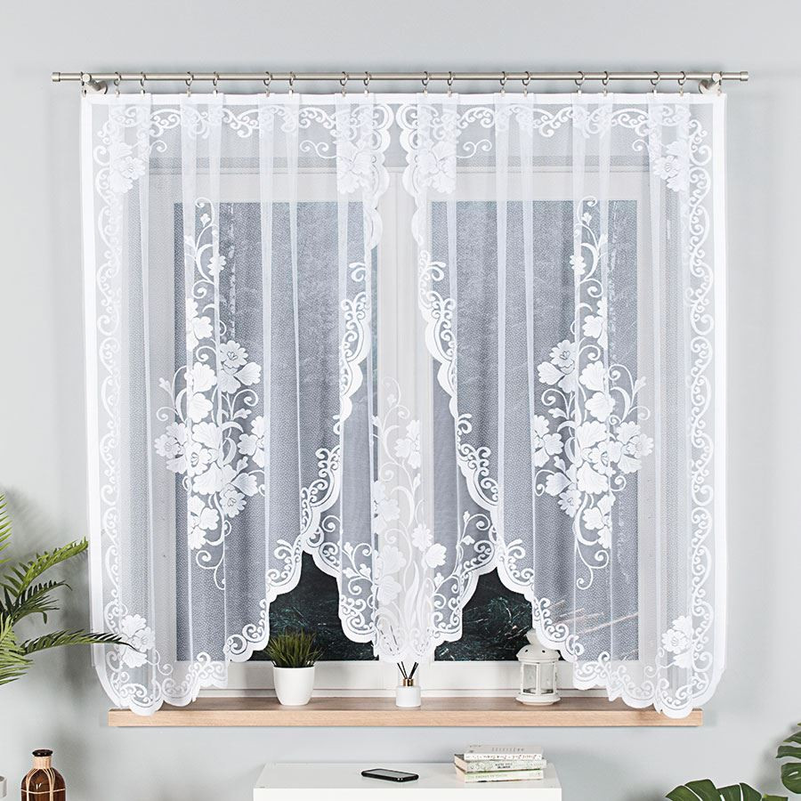 FUKSJA · firanka gotowa z podcięciem · biała · kwiaty i ornamenty · 320x160 cm