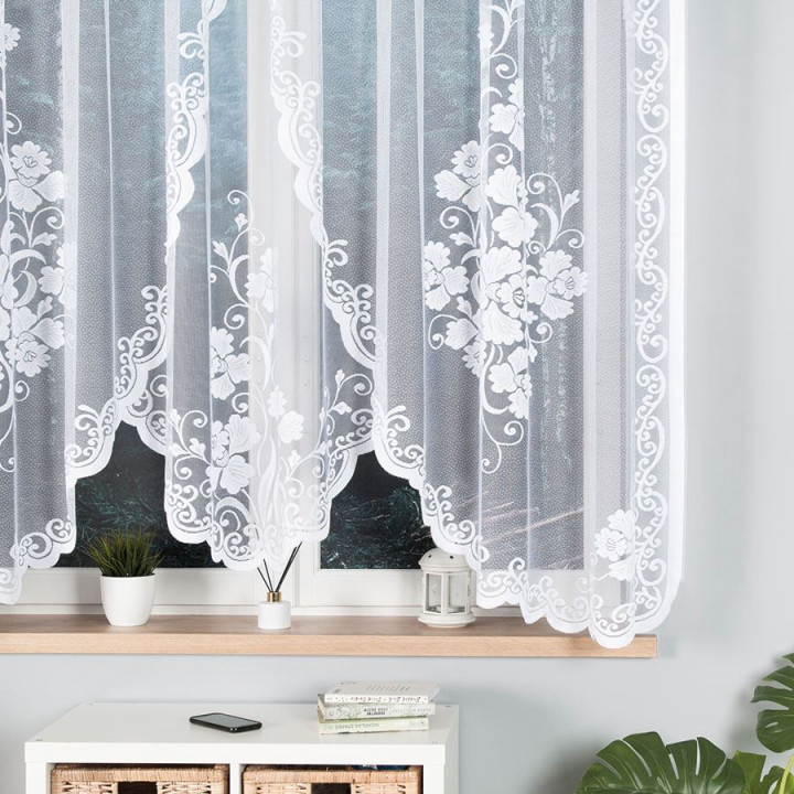 FUKSJA · firanka gotowa z podcięciem · biała · kwiaty i ornamenty · 320x160 cm