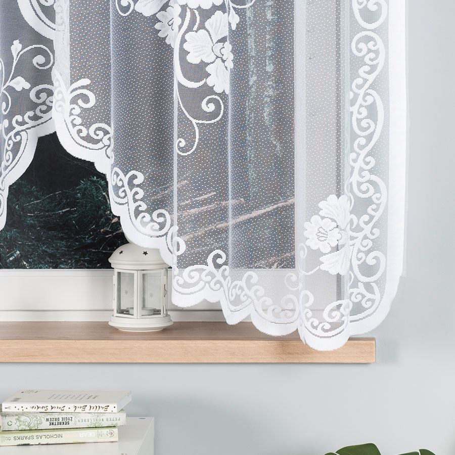 FUKSJA · firanka gotowa z podcięciem · biała · kwiaty i ornamenty · 320x160 cm