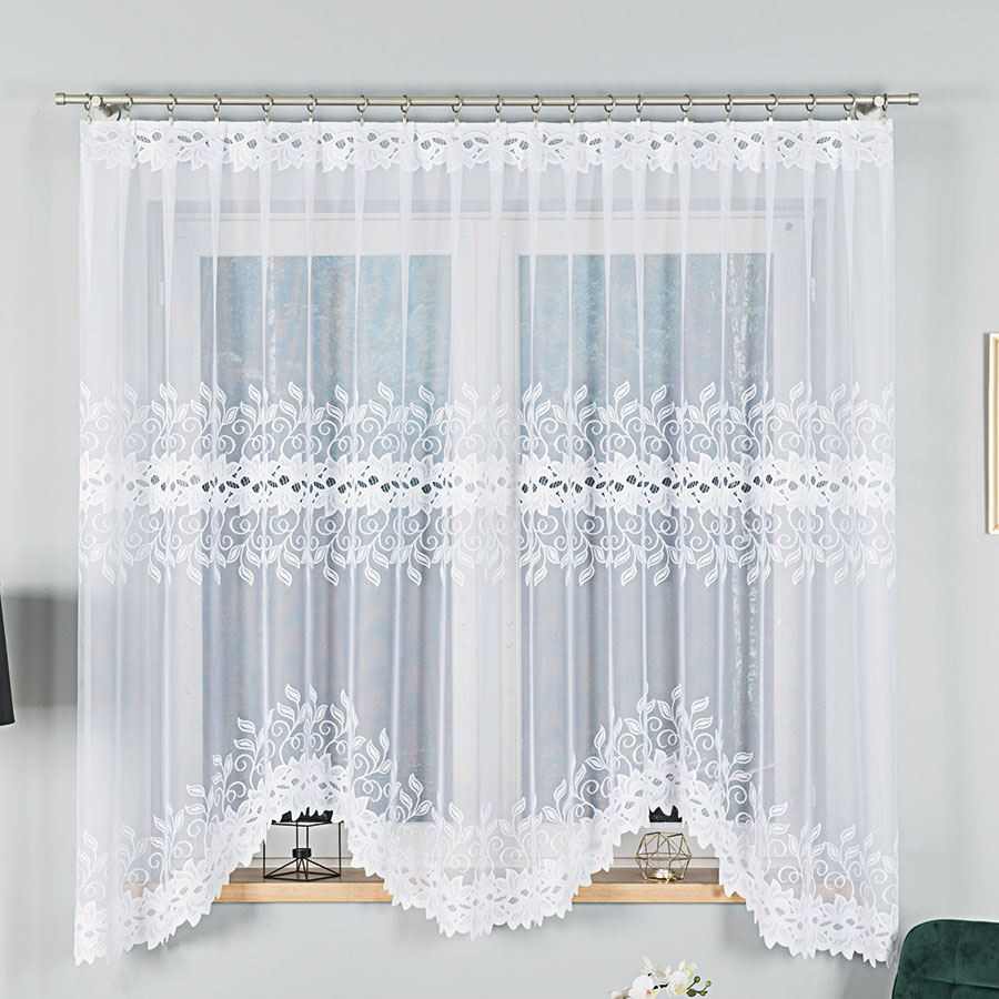 BASTIA · firanka gotowa żakardowa · biała · wzór roślinny · 300x180 cm