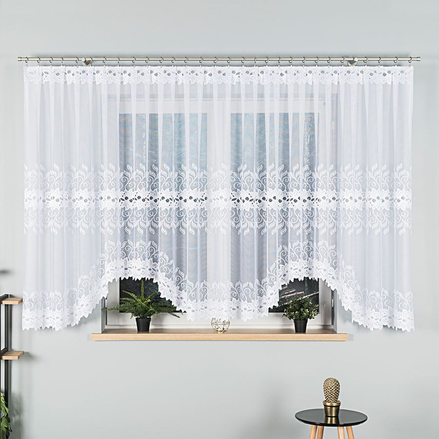 BASTIA - Firanka gotowa żakardowa z podcięciem na dole - 500x160 cm - kolor biały