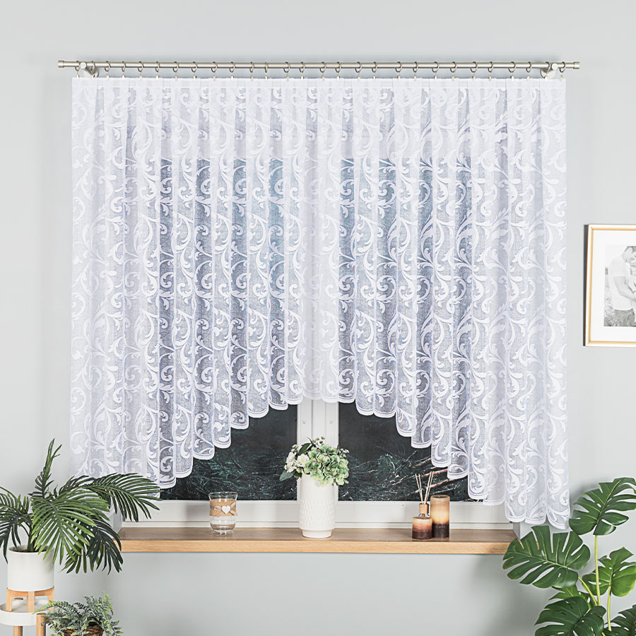 LEOKADIA · firanka gotowa z podcięciem · biała · ornamenty · 400x155