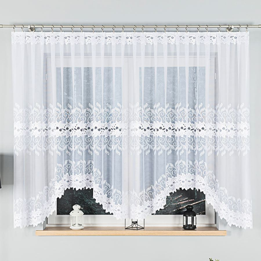 BASTIA · firanka gotowa · biała · klasyczny wzór roślinny · 400x160