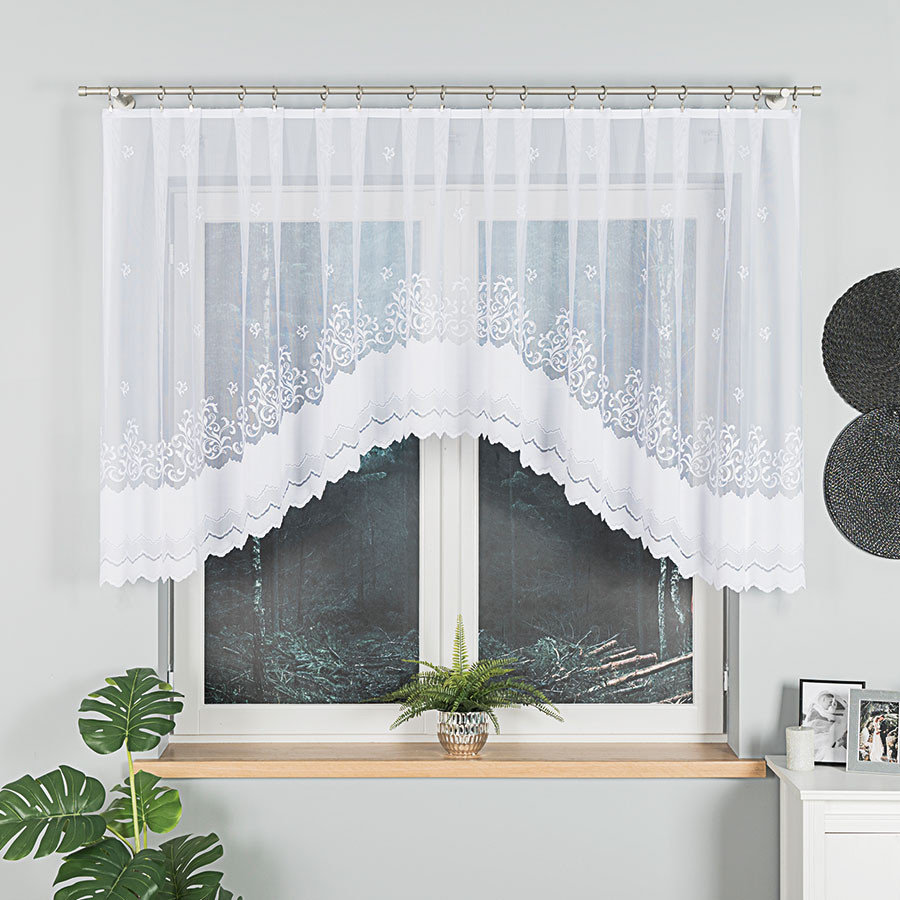 GENOWEFA - Firanka gotowa żakardowa z podcięciem na dole - 300x120 cm - kolor biały