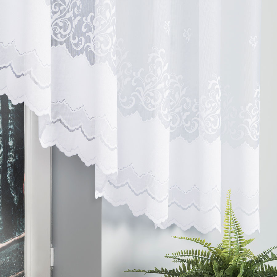 GENOWEFA - Firanka gotowa żakardowa z podcięciem na dole - 450x140 cm - kolor biały