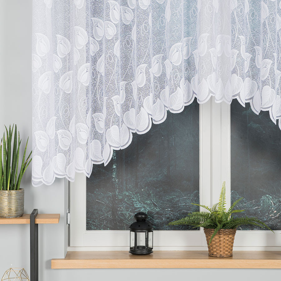 NORA · firanka gotowa z podcięciem · biała · liście · 300x130