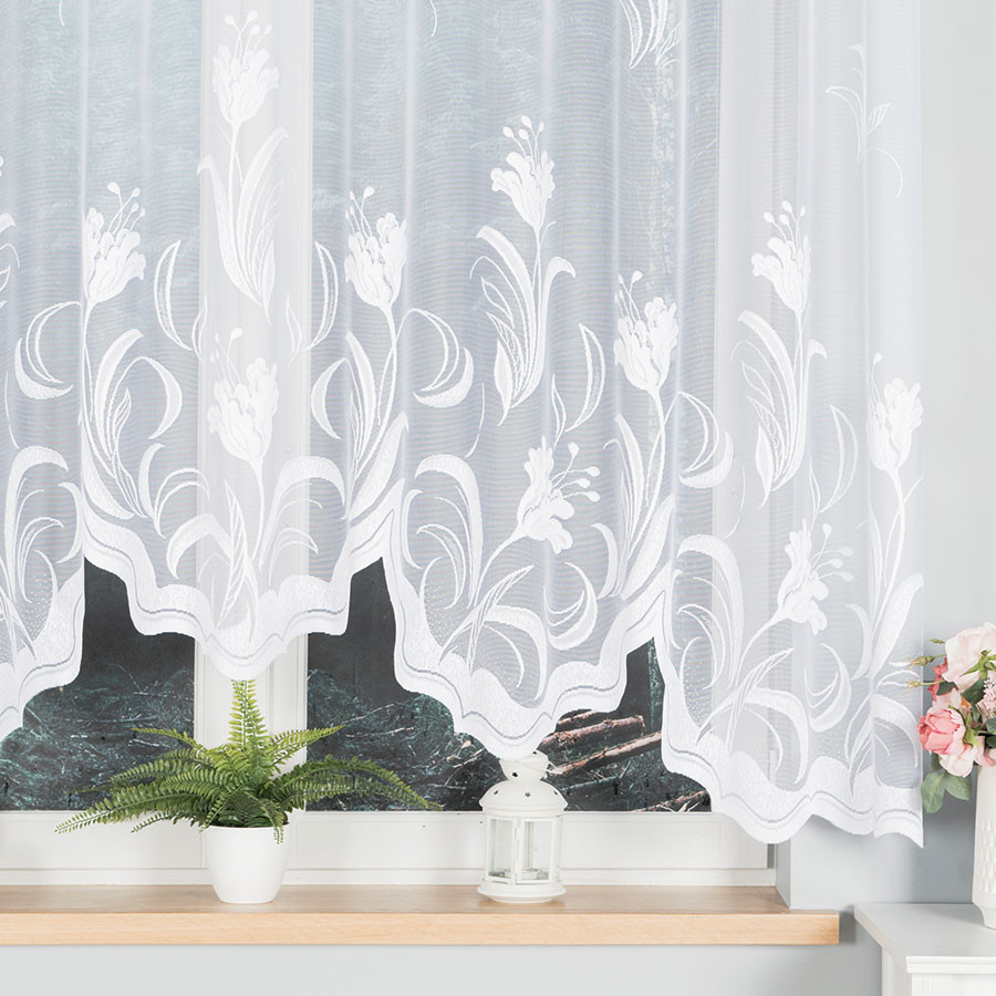 JULIANNA · firanka gotowa z podcięciem · biała · kwiaty · 300x160