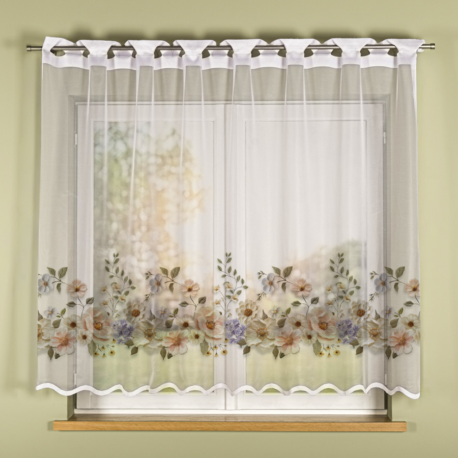KWIATY Z EFEKTEM WYSZYWANIA Firanka żakardowa gotowa na prosto 023456, szerokość 250 x wysokość 160cm, kolor 001 biały (do