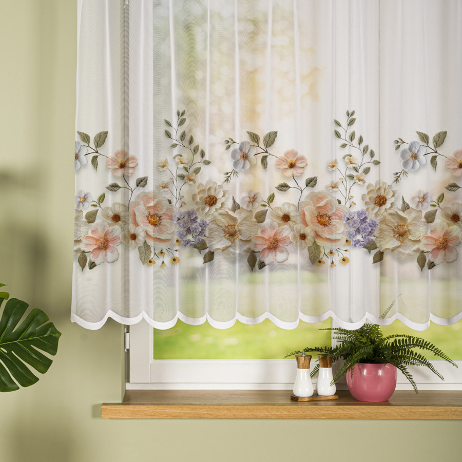 KWIATY Z EFEKTEM WYSZYWANIA Firanka żakardowa gotowa na prosto 023456, szerokość 240 x wysokość 140cm, kolor 001 biały (do