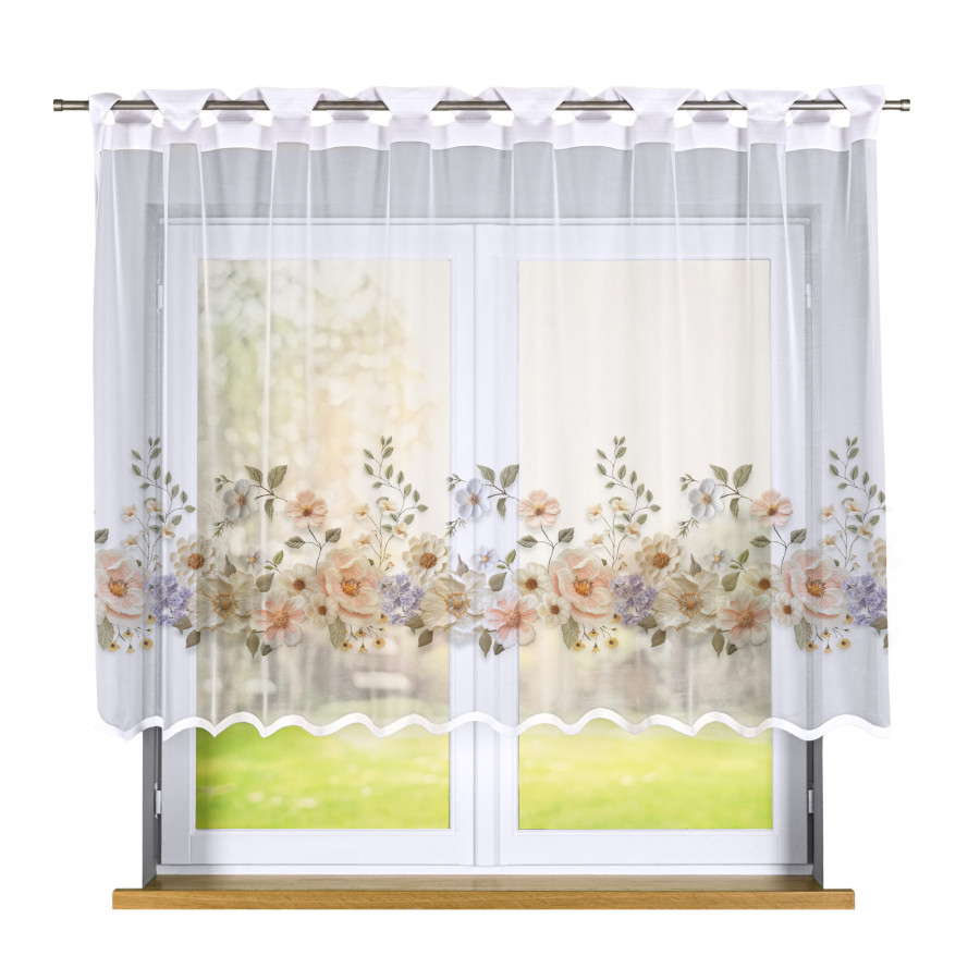 KWIATY Z EFEKTEM WYSZYWANIA Firanka żakardowa gotowa na prosto 023456, szerokość 240 x wysokość 140cm, kolor 001 biały (do