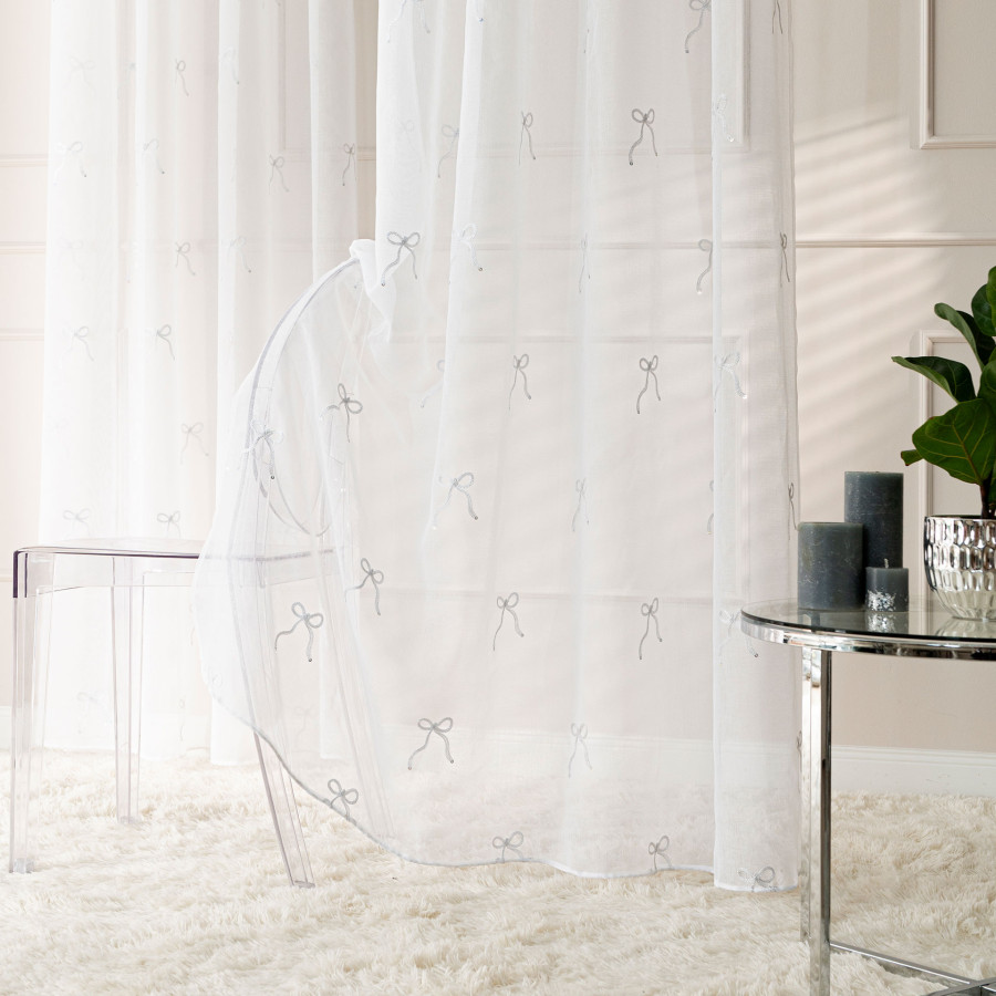 KOKARDKA Firana gotowa na etaminie, haftowana, na taśmie, z ołowianką, szerokość 140 x wysokość 250cm, kolor 001 biały z